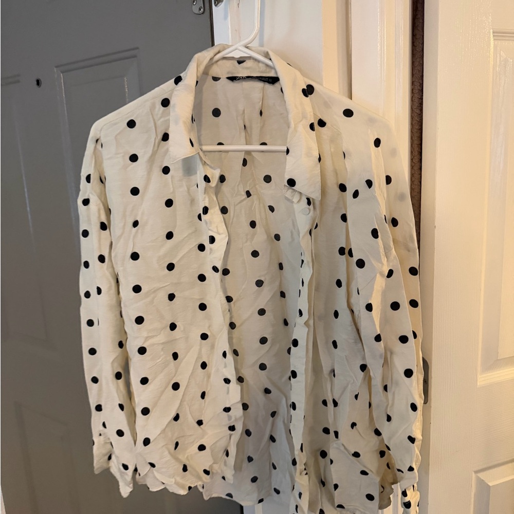 Zara White Polka Dot Button Down Shirt
